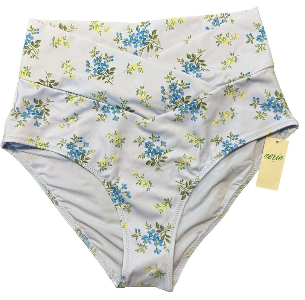 Aerie High Waisted Bikini Bottoms XS Blue Floral Ditsy Print NWT Swim
